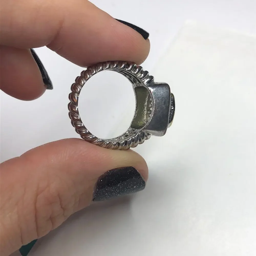 Ring Fashion Double Twisted Silver Tone Band Large Halo Square Stone Green 7